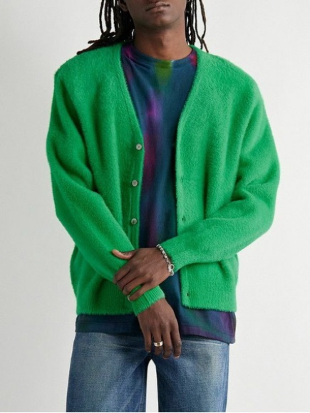 Stussy Shaggy Knit Cardigan M Green Pearl Button Streetwear Sweater